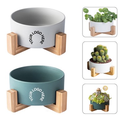 Ceramic Plant Pot With Wooden Stand