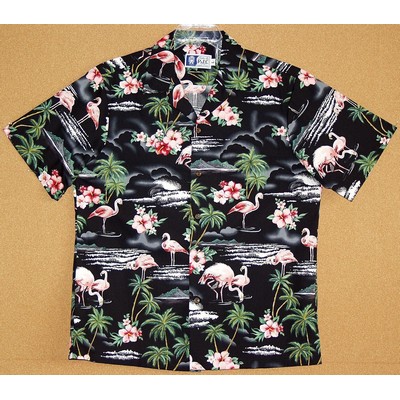 Hawaiian Tropical Print Black 100% Cotton Poplin Shirt