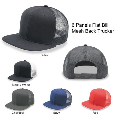 6 Panel Snapback Poly Twill Trucker Cap with Flat Bill