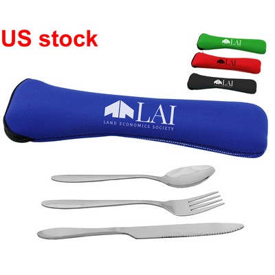 Stainless Steel Reusable Travel Flatware Utensil Set in Zipper Neoprene Pouch