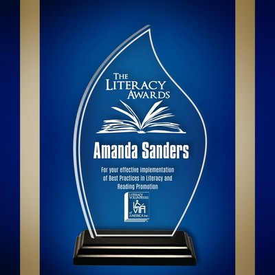 10" Flame Clear Acrylic Award with a Black Wood Base