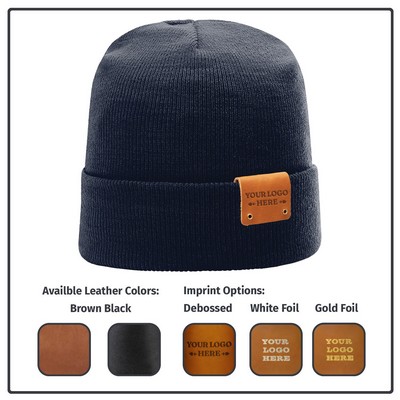 Full-Grain Leather Riveted Patch Beanie - Made with 100% full grain leather USA