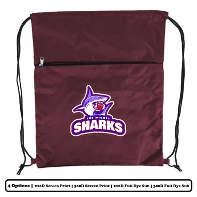 Polyester Drawstring Bag w/ Horizontal-Zip Pocket w/ Custom