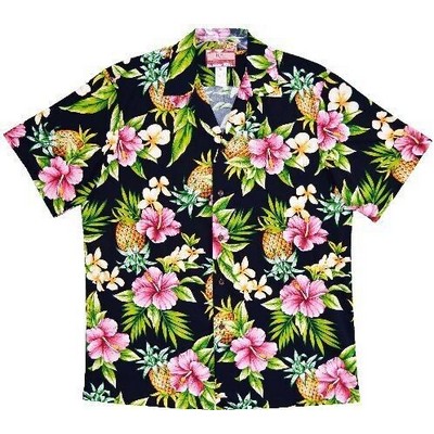 Hawaiian Tropical All Over Print Button Front Black Cotton Shirt - DEEP INVENTORY