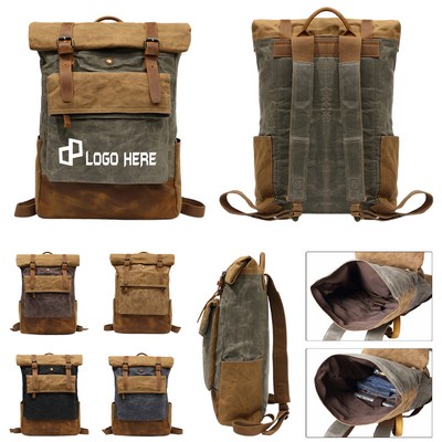 Cowhide Leather Waxed Canvas Bag Backpack