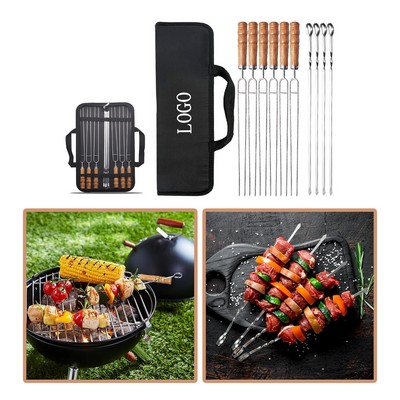 Premium 10PCS Wooden Handle Stainless Steel Grilling Skewers Set