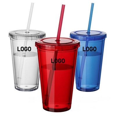 Transparent Double-Wall Plastic Straw Cup 16oz