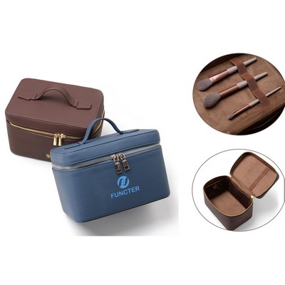 Portable PU Leather Cosmetic Bag Travel Makeup Bag Handle Cosmetic Case