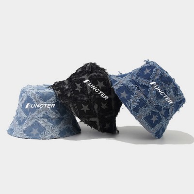 Star Distressed Denim Jean Bucket Hat Sun Hat