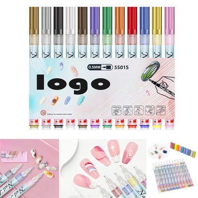 12-Color Water-Based Nail Art Pen Set – Fine Tip for Drawing & 3D Designs