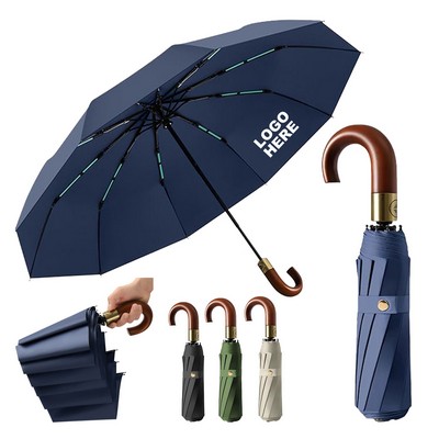 Portable Luxury Automatic Folding Umbrella with Curved Wooden Handle