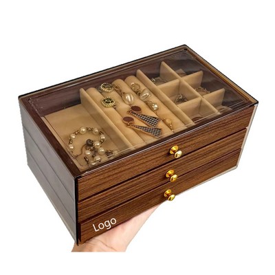 Vintage 3-Layer Wooden Jewelry Box With Acrylic Lid