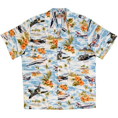 Hawaiian Tropical Military Blue Print Shirt - Jet Airplanes Circa 1960's
