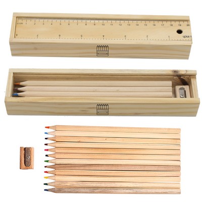 12 Colouring Pencils & Sharpener In Ruler Box