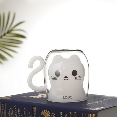 Cartoon Cat Design Double Wall Glass Mug Insulated Heat Resistant Coffee Milk Cup