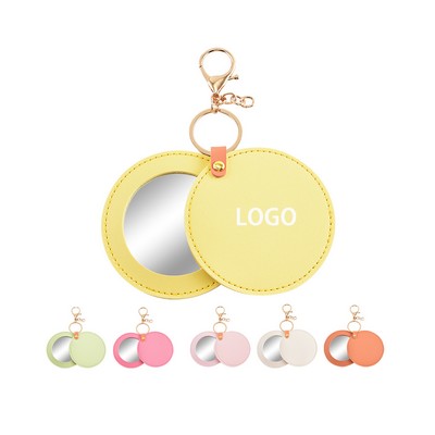 Leather Hanging Round Makeup Keychains Rotating Folding Mirror