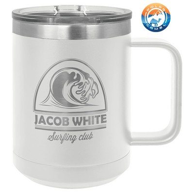 White Polar Camel 15 oz Coffee Mug Vacuum Insulated with Slider Lid- Laser Engraved