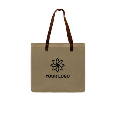 Leather Handle Zipper Pocket Natural Canvas Tote