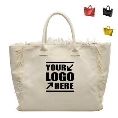 Fringed Bohemian Large Canvas Carryall Tote