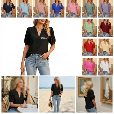 Women's Casual V Neck Solid Color Hollow Short Sleeve