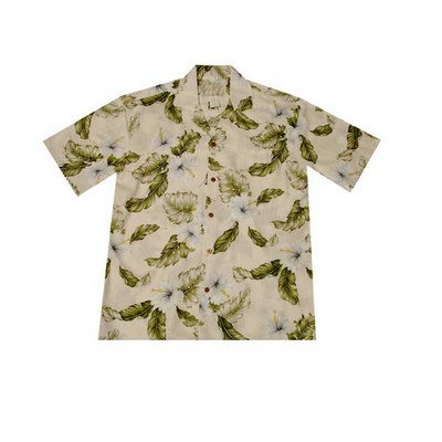 White Hawaiian Tropical Print 100% Rayon Silky Feel Bahama Shirt