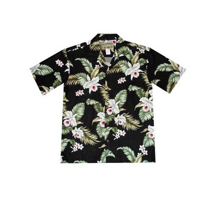 Black Hawaiian Tropical Print 100% Rayon Silky Feel Bahama Shirt