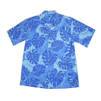Blue Hawaiian Shirt (S - 3XL in-stock) - 100% Cotton Poplin Tropical Print w/ Coconut Buttons