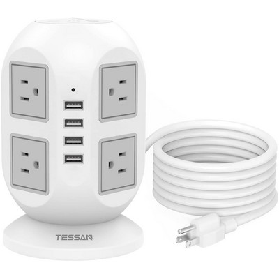 Power Strip Tower Extension Cord with Multiple Outlets, Charging Station with 8 AC Outlets 4 USB