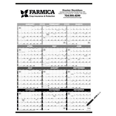 Triumph® Calendars Black & White Time Management Span-A-Year Laminated w/Marker Calendar