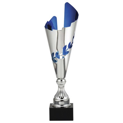 18" Silver with Blue Accents European Style Trophy Cup on Black Marble Base