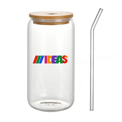 16 Oz Can Shaped Glass Cup With Bamboo Lids And Glass Straw