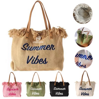 Cotton Canvas Linen Tote Bag Fringe Tote Bag with Tassel