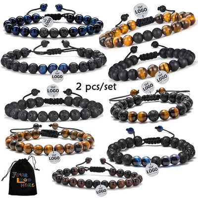 Adjustable Beaded Gemstone Men's Bracelet 2 PCS SET
