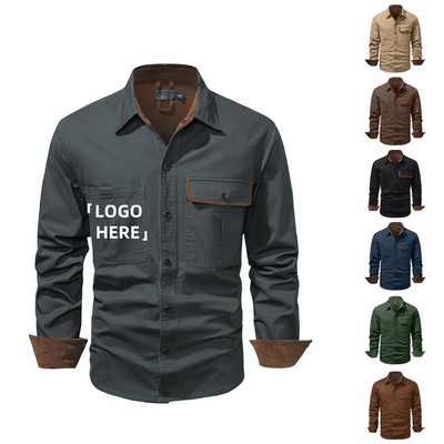 Men Long-Sleeve Washed Cotton Workwear Shirt With Lapel