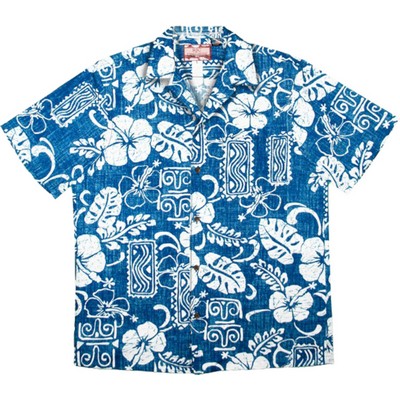 100% Cotton Poplin Navy Blue Hawaiian Shirt w/Coconut Buttons & Short Sleeves