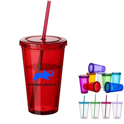 16 Oz. Double Wall Plastic Staduim Tumbler With Straw