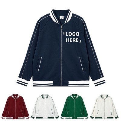 Zip-up Baseball Jacket w/Contrast Color Stripes