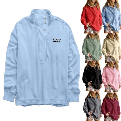 Custom Winter Fashion Women's Top Oversized Pullover Henley Sweatshirt