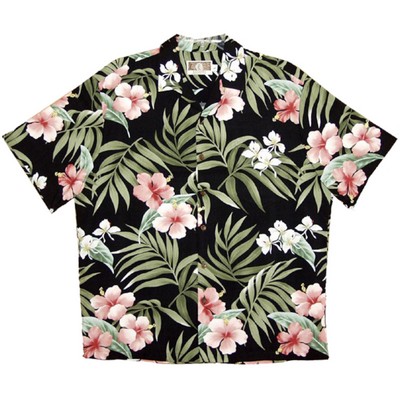 Soft & Supple Silky Rayon Black Tropical Print Hawaiian Shirt w/Genuine Coconut Buttons