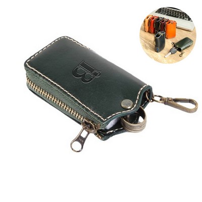 Genuine Leather Zippered Key Case w/ 1 Hook and 5 Key Rings