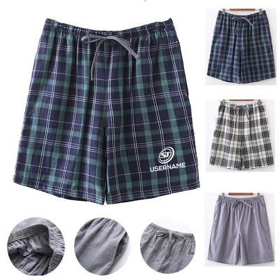 Woven Plaid Check Cotton Soft Lightweight Long Shorts Drawstring Pants with Pocket