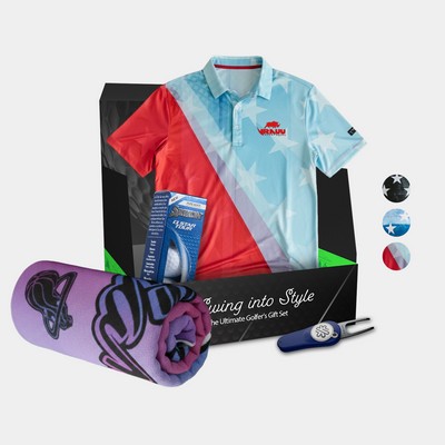 YATTA Golf® Patriot Men's Polo Shirt, Towel, Srixon® Golf Balls & Pitchfix® 2.5 Divot Tool Gift Set