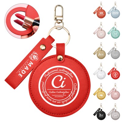 Compact Round Leather Makeup Mirror Keychains