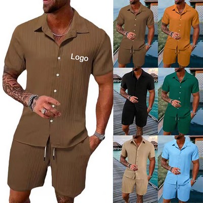 Men Outfits 2 Piece Summer Causal Short Sleeve Button Up Shirt Shorts Set Beach