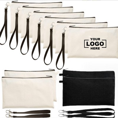 Durable Canvas Cosmetic Bag with Wristband Lanyard