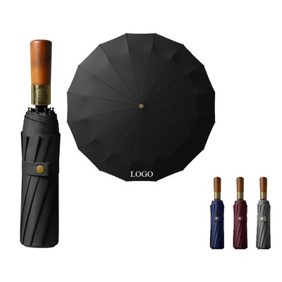 Triple Fold Automatic Umbrella With Wooden Handle