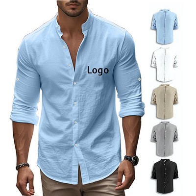Men's Long Sleeve Button Down Cotton Linen Shirt Summer Casual Top