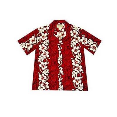 Red Hawaiian Cotton Poplin Shirt w/ Button Front & Short Sleeves