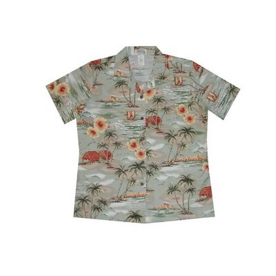 Ladies Green Hawaiian Cotton Poplin Shirt w/ Button Front & Short Sleeves