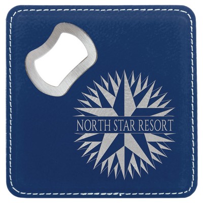 Square Blue/Silver Laser Engraved Leatherette Coaster with Bottle Opener (4" x 4")